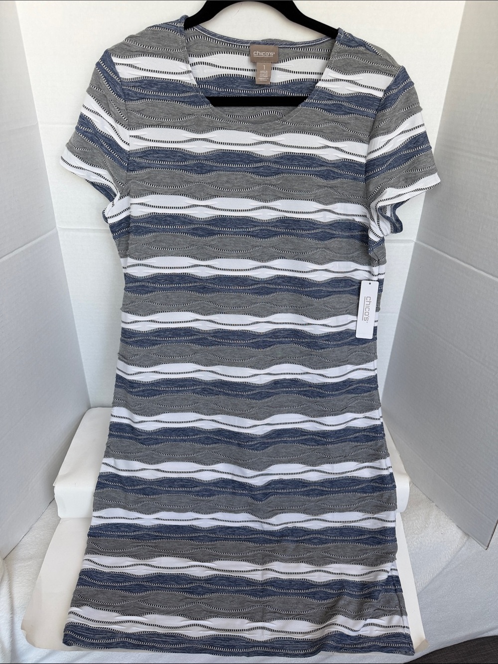Chico’s Blue, White and Gray Striped  Dress NWTS size 1